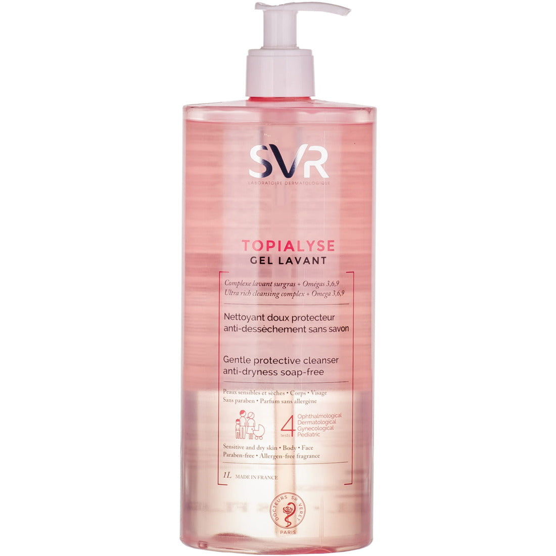 SVR Topialyse Gel Lavant 1 L, botella con dosificador vista frontal sobre fondo blanco