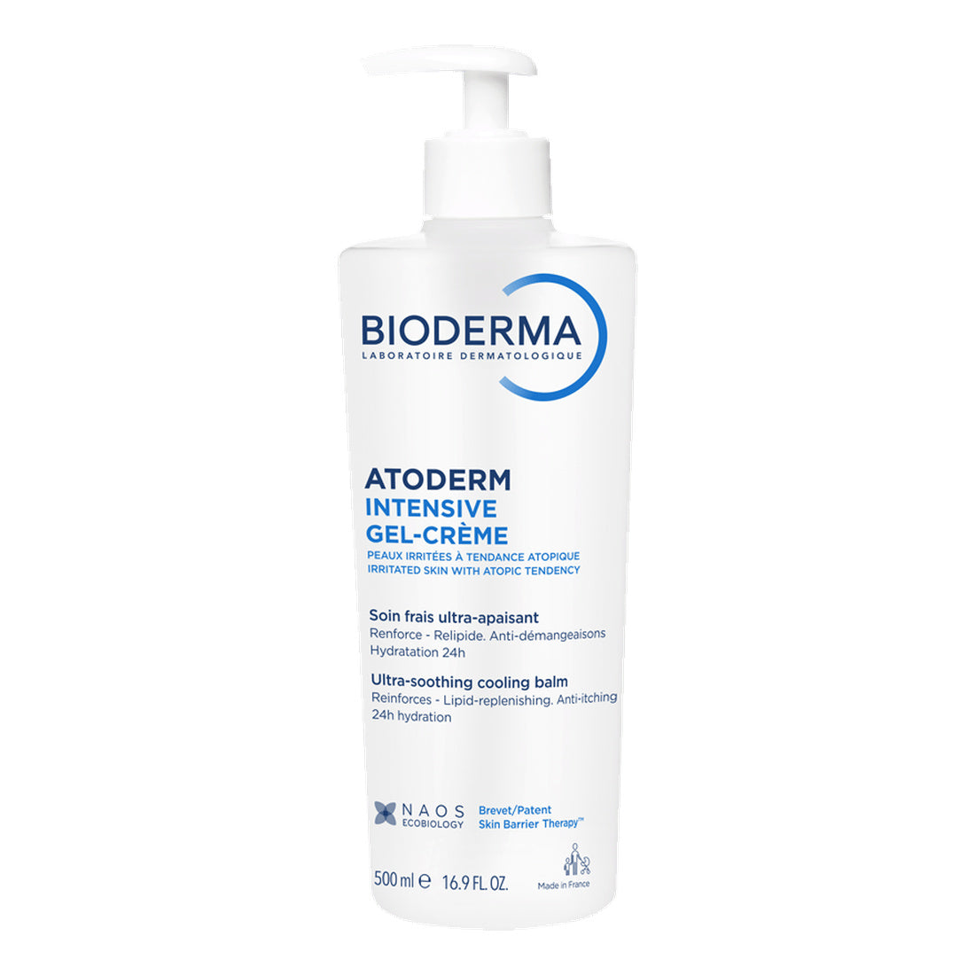 Bioderma Atoderm Intensive Gel-Crema 500 ml, frasco dosificador de frente sobre fondo blanco
