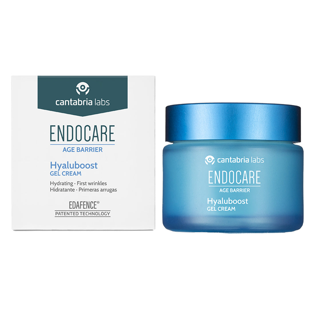 Endocare Age Barrier Hyaluboost Gel Cream 50 ml, tarro y caja reales sobre fondo blanco