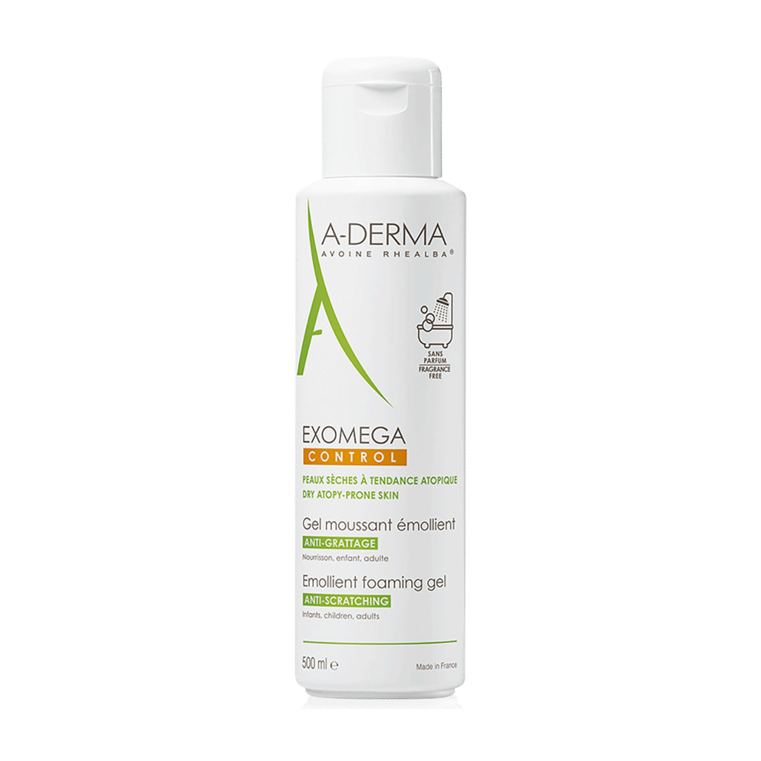 A-Derma Exomega Control Gel Limpiador Emoliente 500 ml — fotografía real de frente sobre fondo blanco