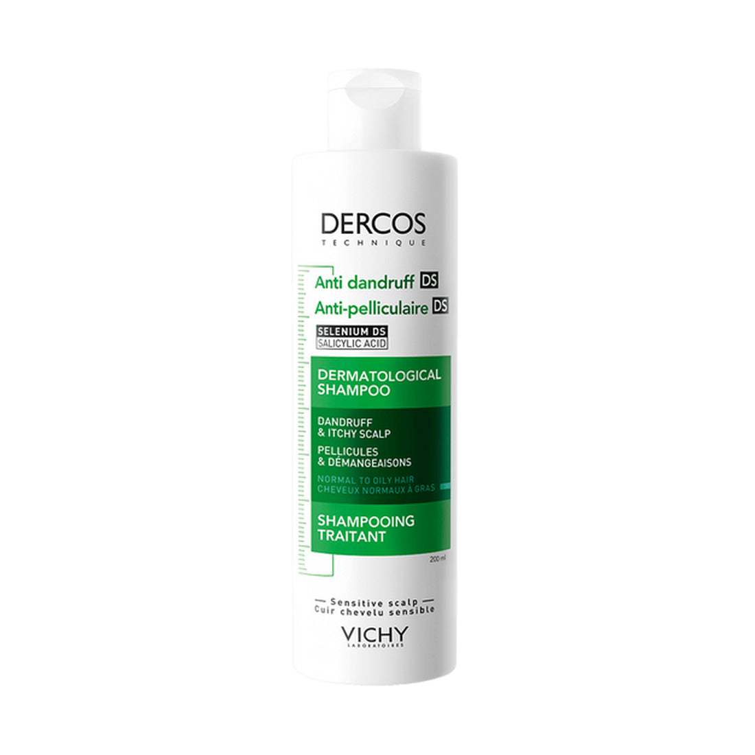 Dercos Shampoo Control Caspa Cabello Normal a Graso 200 ml — fotografía real, vista frontal.