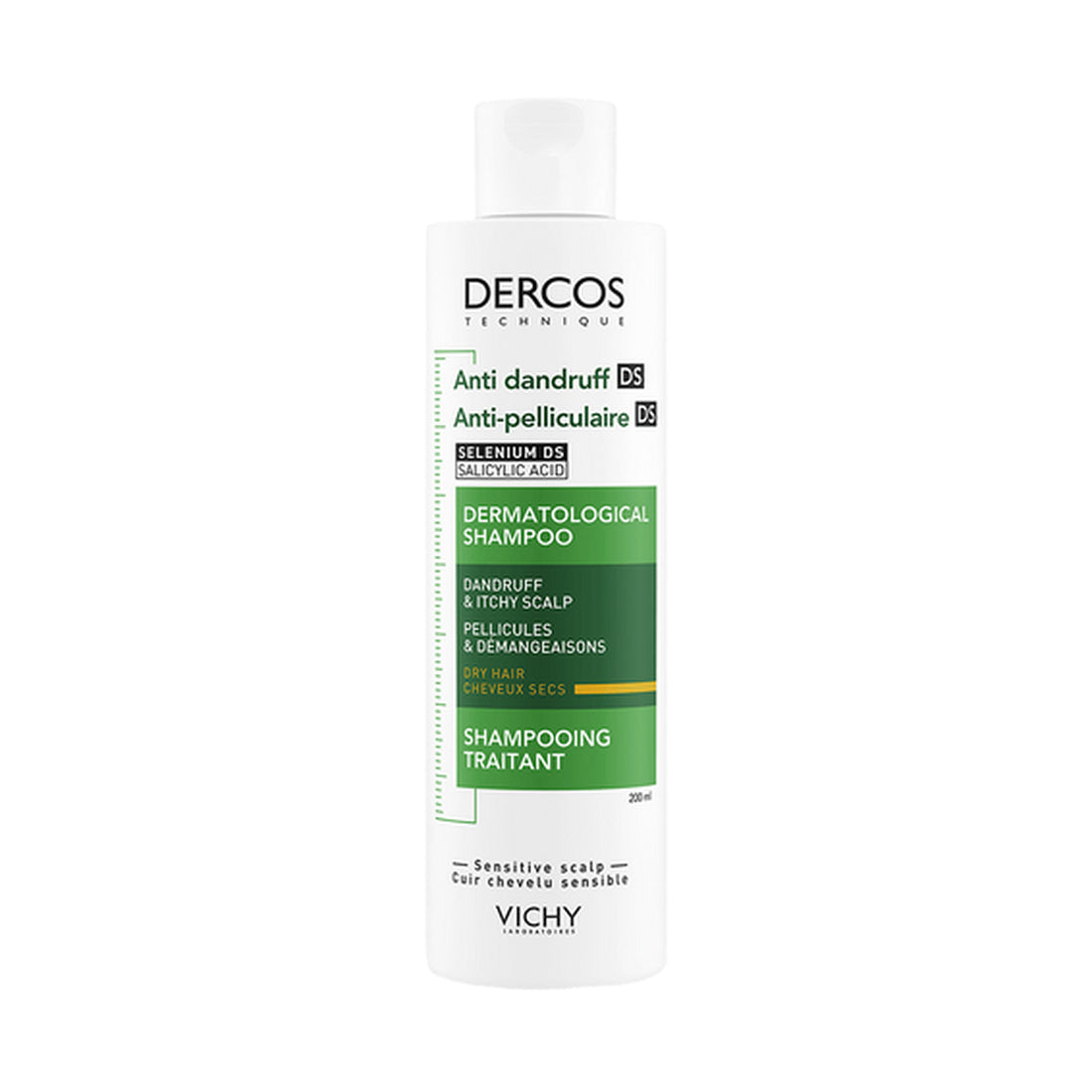 Dercos Shampoo Control Caspa Cabello Seco 200 ml — fotografía real, vista frontal.