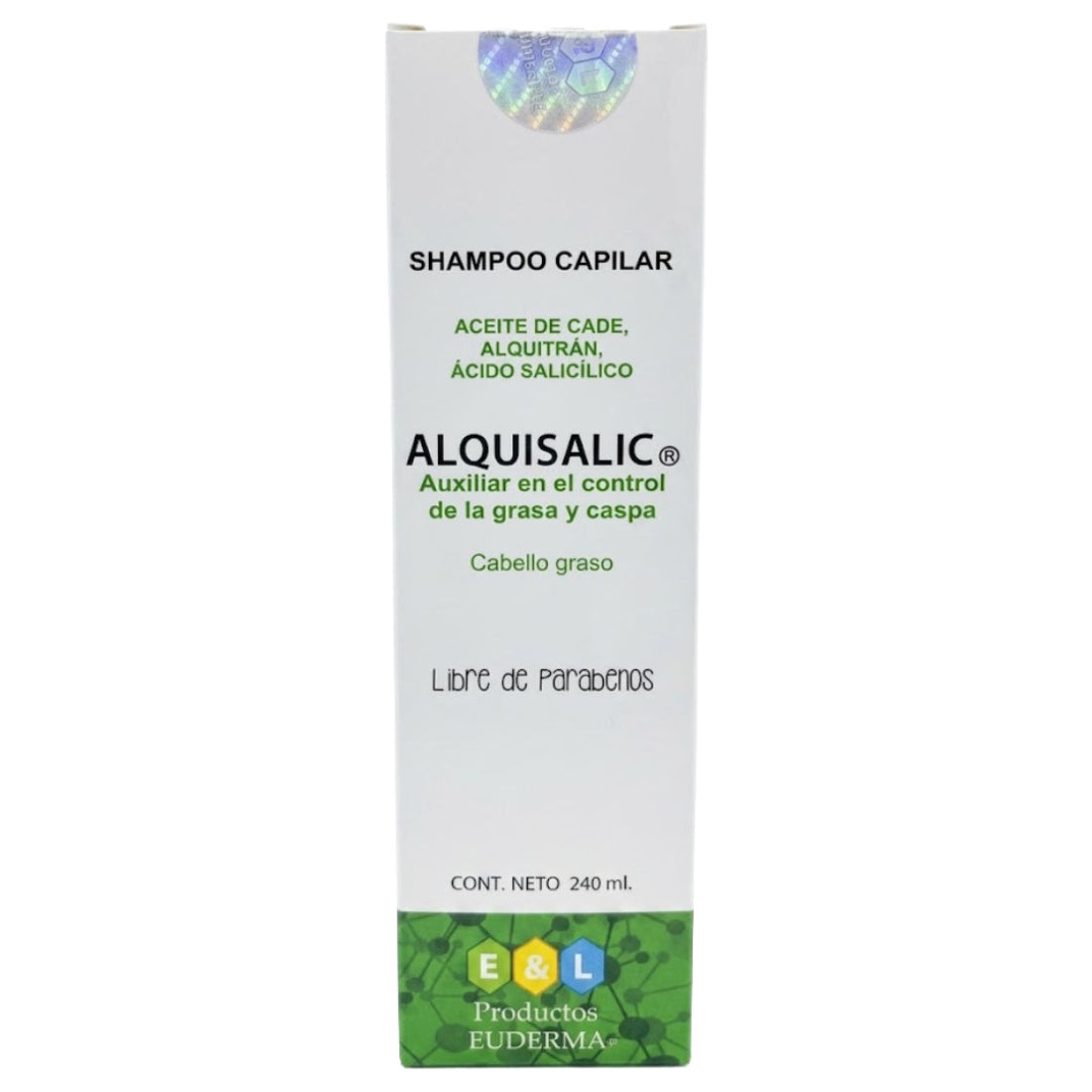 Euderma Alquisalic Shampoo Capilar 240 ml, fotografía real del empaque