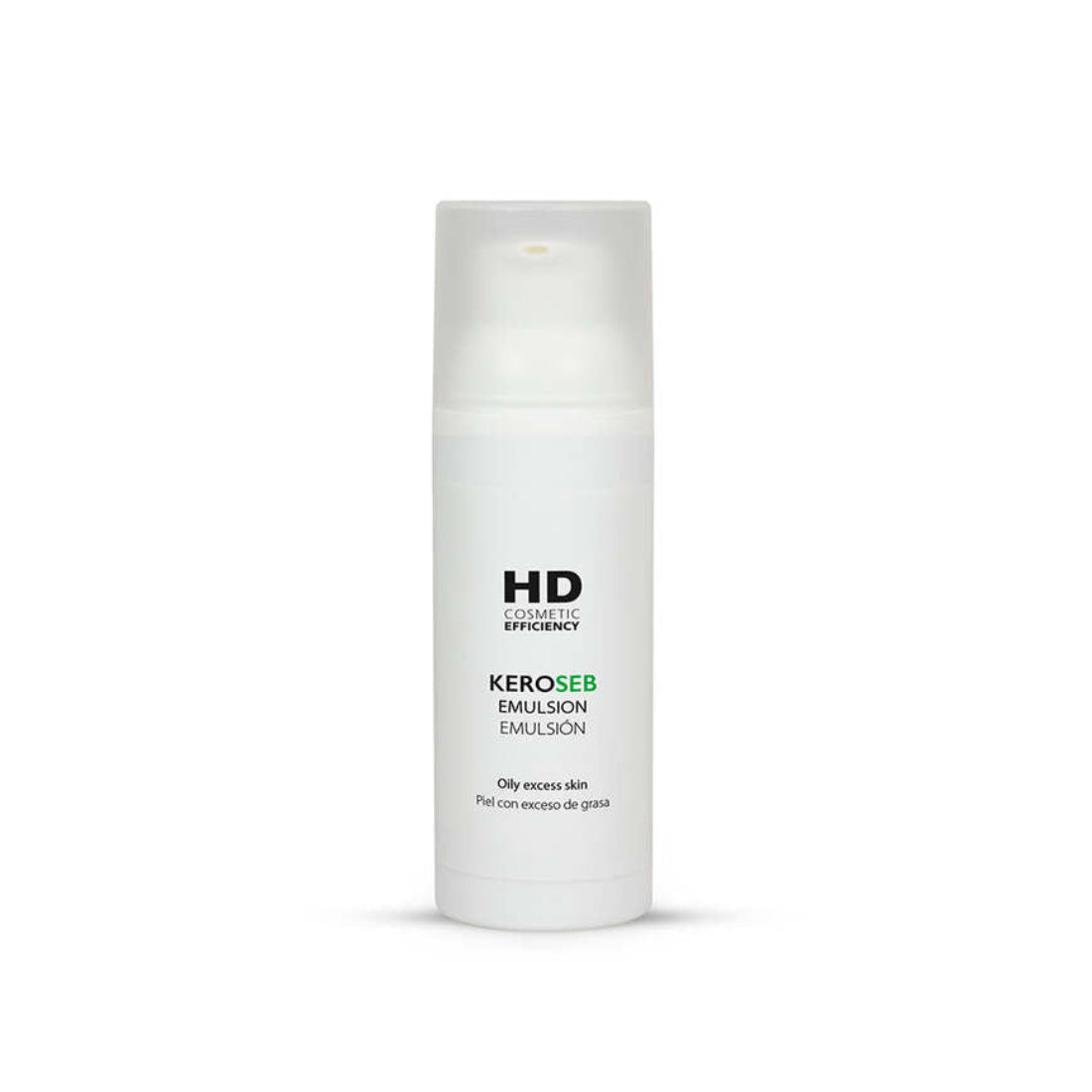 HD Keroseb emulsión 50 ml, envase airless sobre fondo blanco