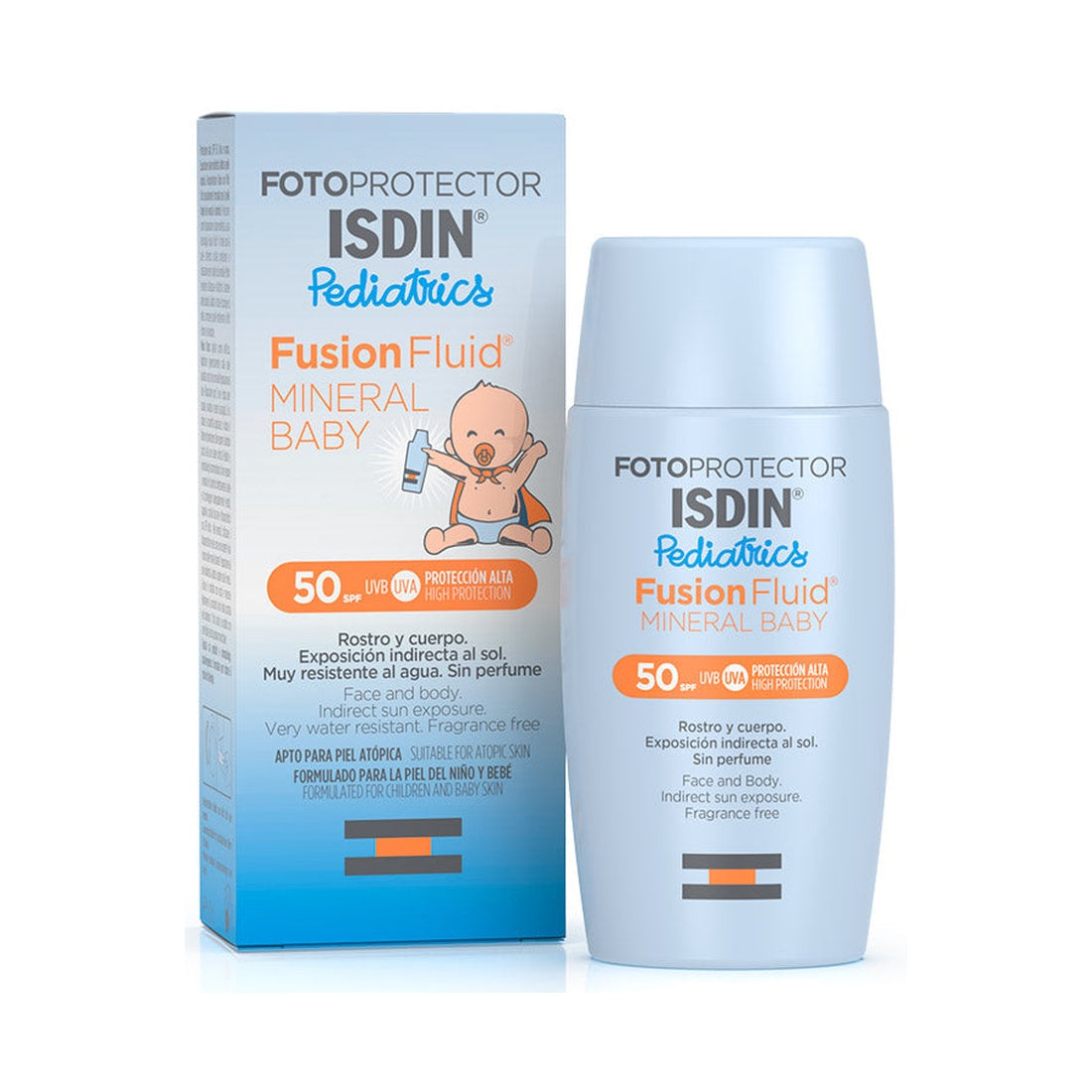 ISDIN Fusion Fluid Mineral Baby Pediatrics SPF 50: vista frontal sobre fondo blanco