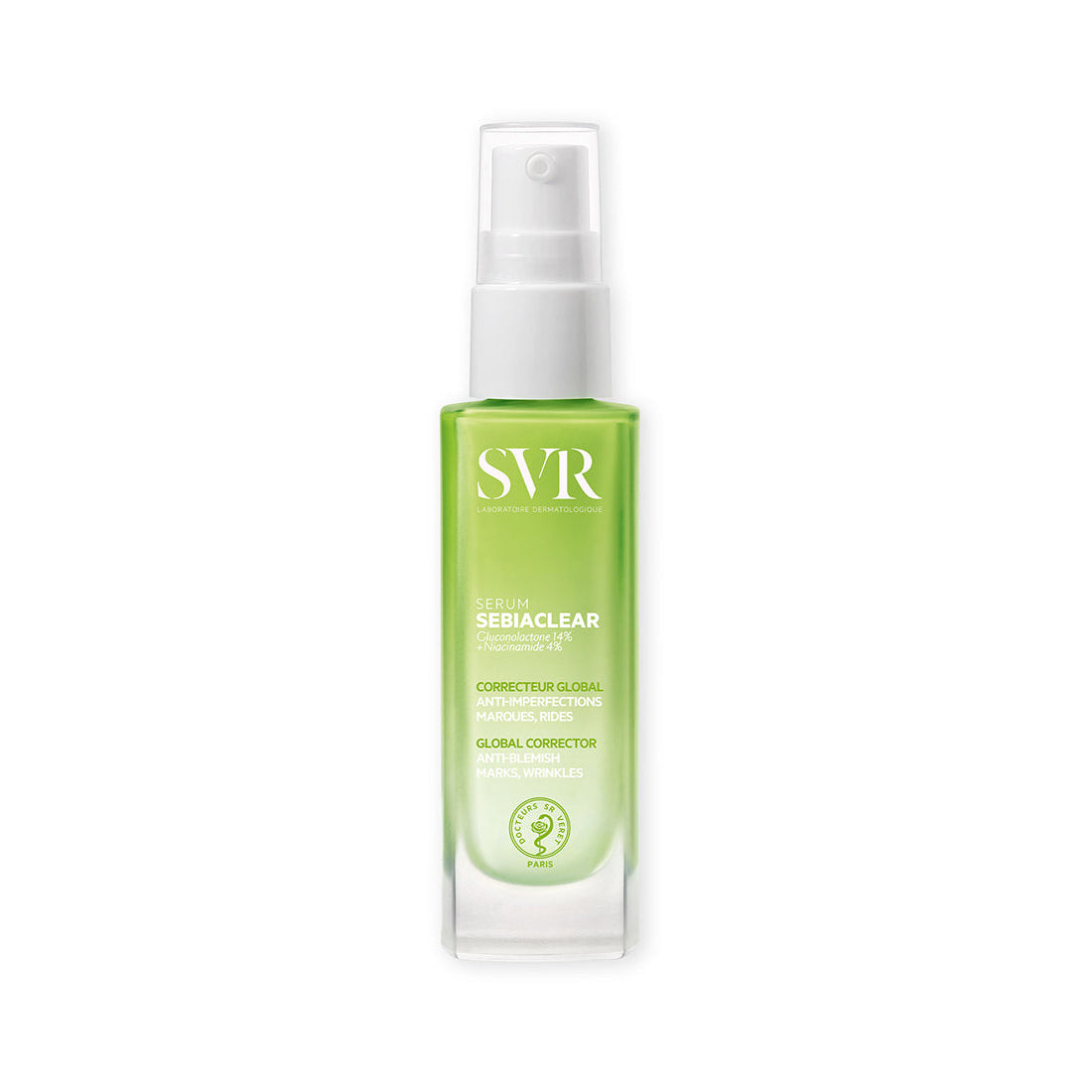 SVR Sebiaclear Serum, fotografía de catálogo sobre fondo blanco
