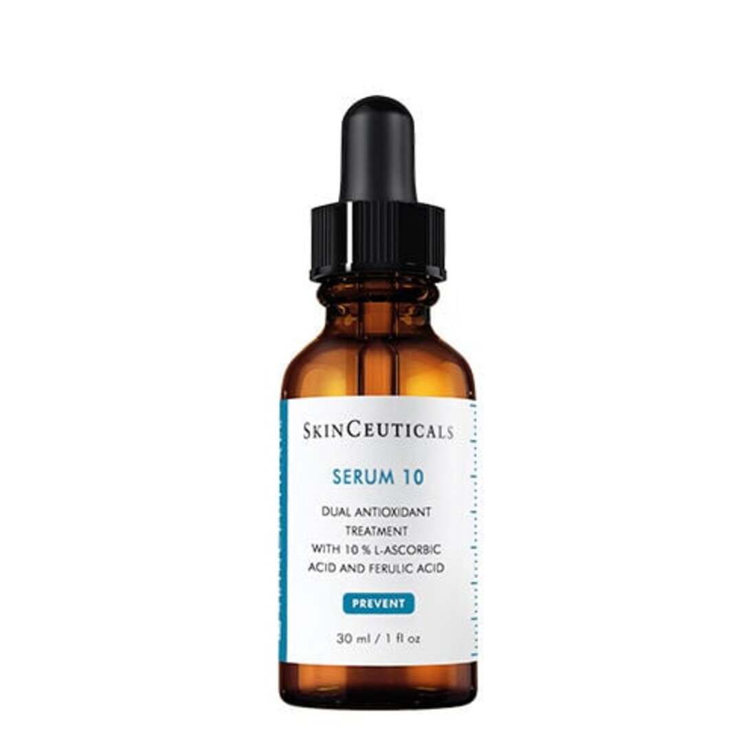 SkinCeuticals Serum 10 de 30 ml, frasco con gotero sobre fondo blanco