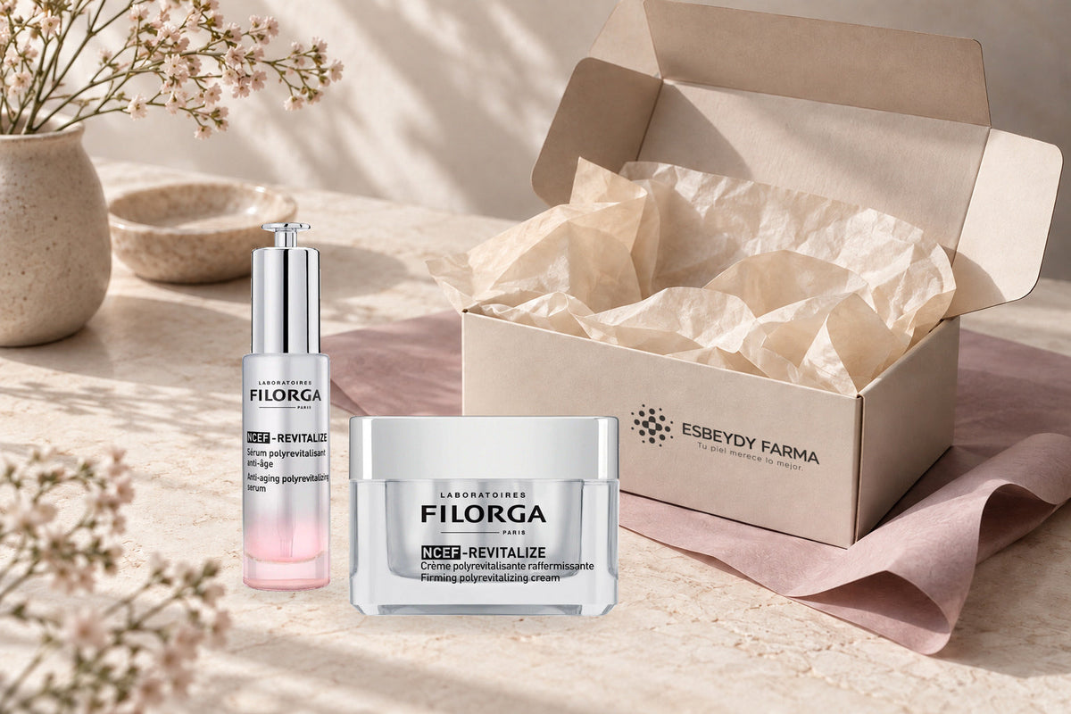 Composición editorial con fotografías reales de Filorga NCEF-Revitalize sérum y crema y una caja ilustrativa con el logotipo oficial de Esbeydy Farma; no representa el empaque real de entrega.