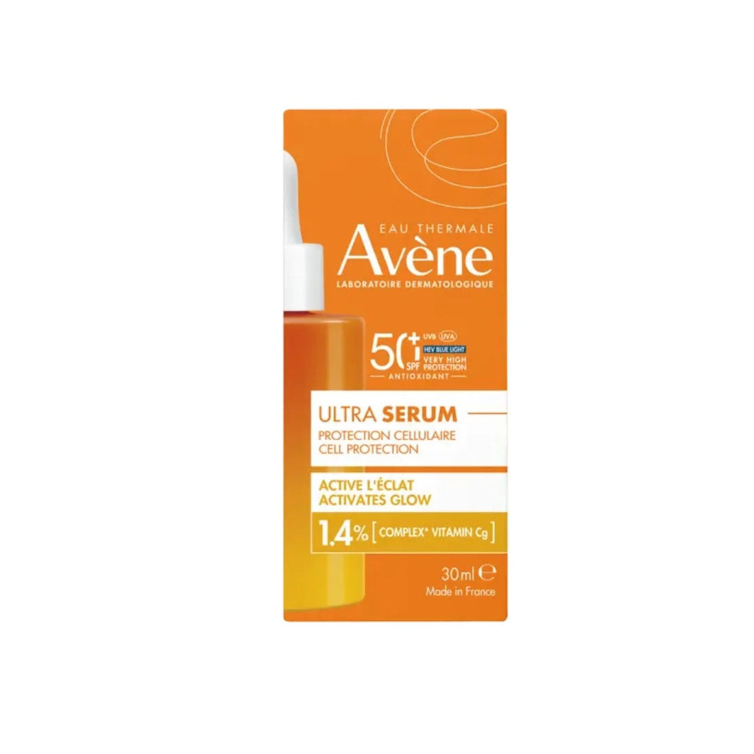 Ultra Serum SPF 50+ Vitamina Cg 30 ml, foto real del envase de frente