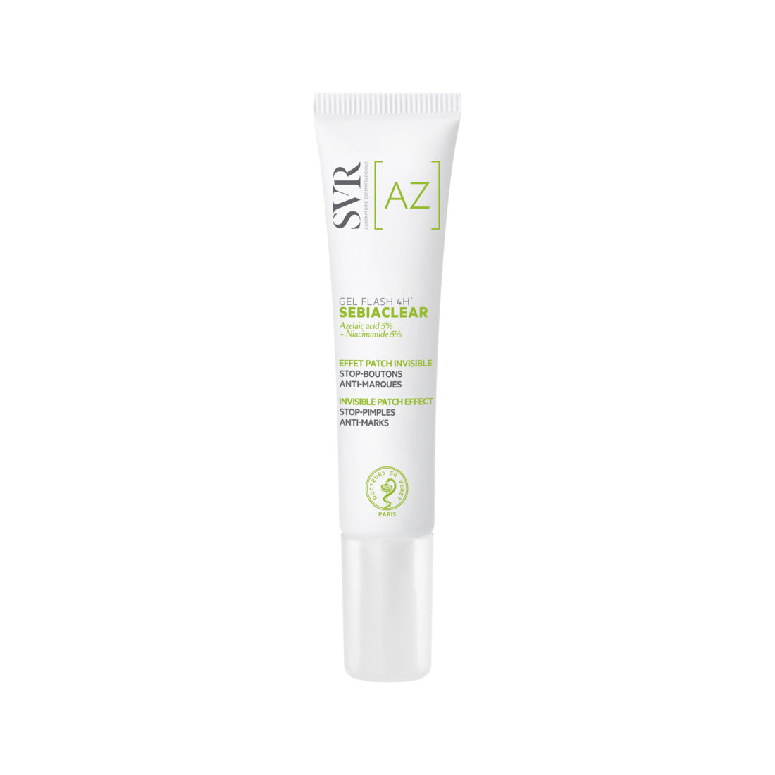 SVR Sebiaclear Gel Flash 4H, tubo de 15 ml sobre fondo blanco