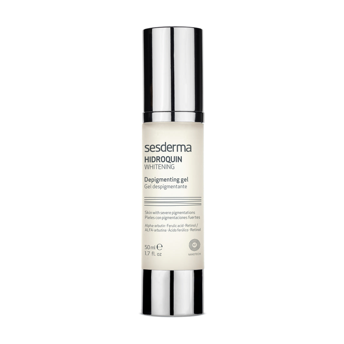 Sesderma Hidroquin Whitening Gel 50 ml, frasco airless sobre fondo blanco