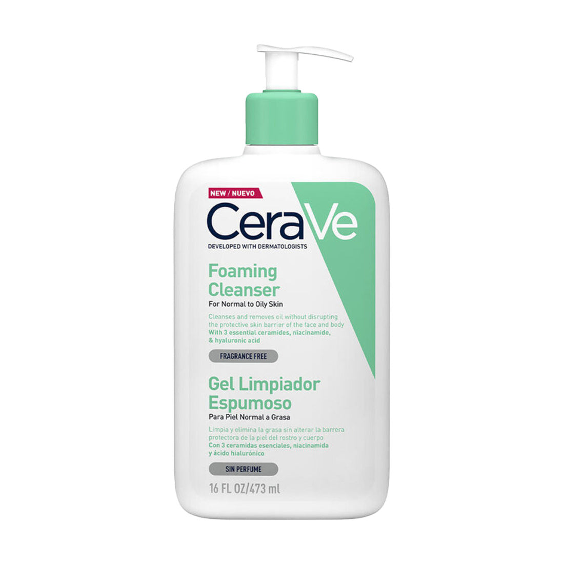CeraVe Gel Limpiador Espumoso 473 ml — fotografía real de frente sobre fondo blanco