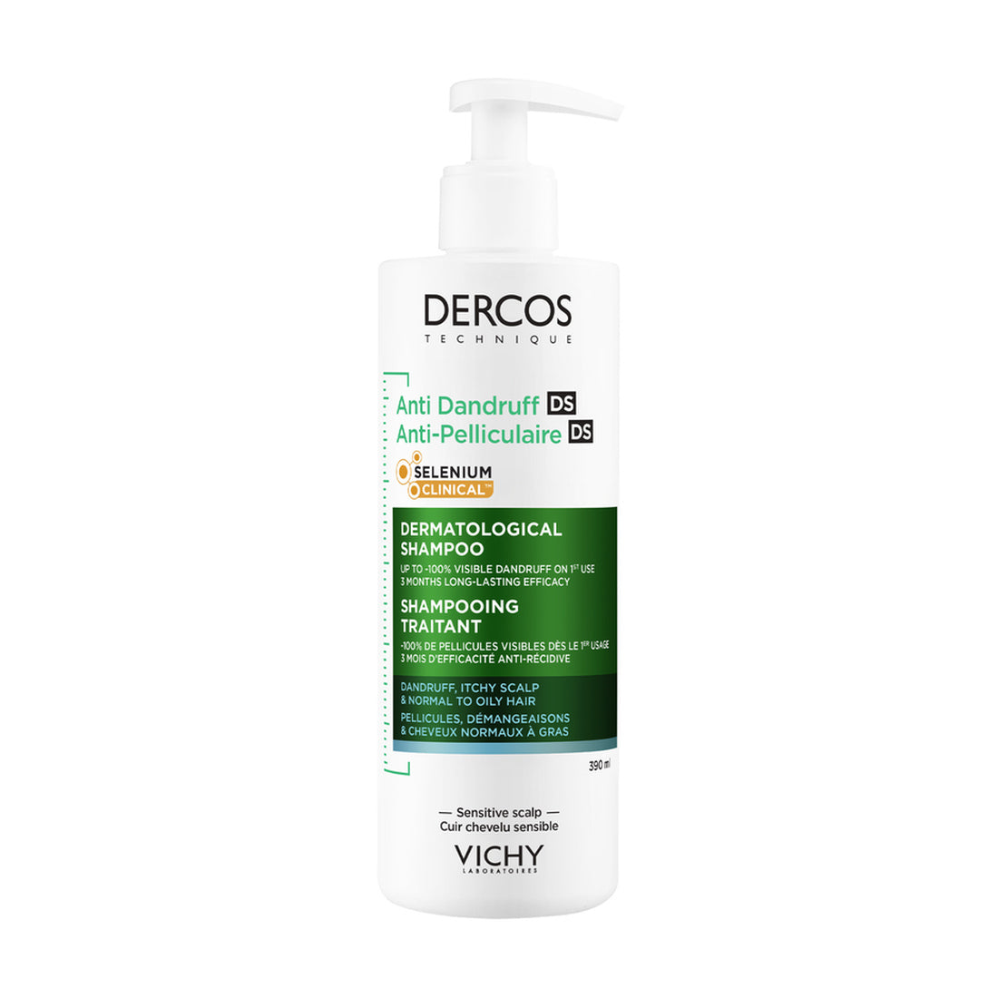 Vichy Dercos Shampoo Control Caspa Cabello Normal a Graso 390 ml — envase de frente sobre fondo blanco