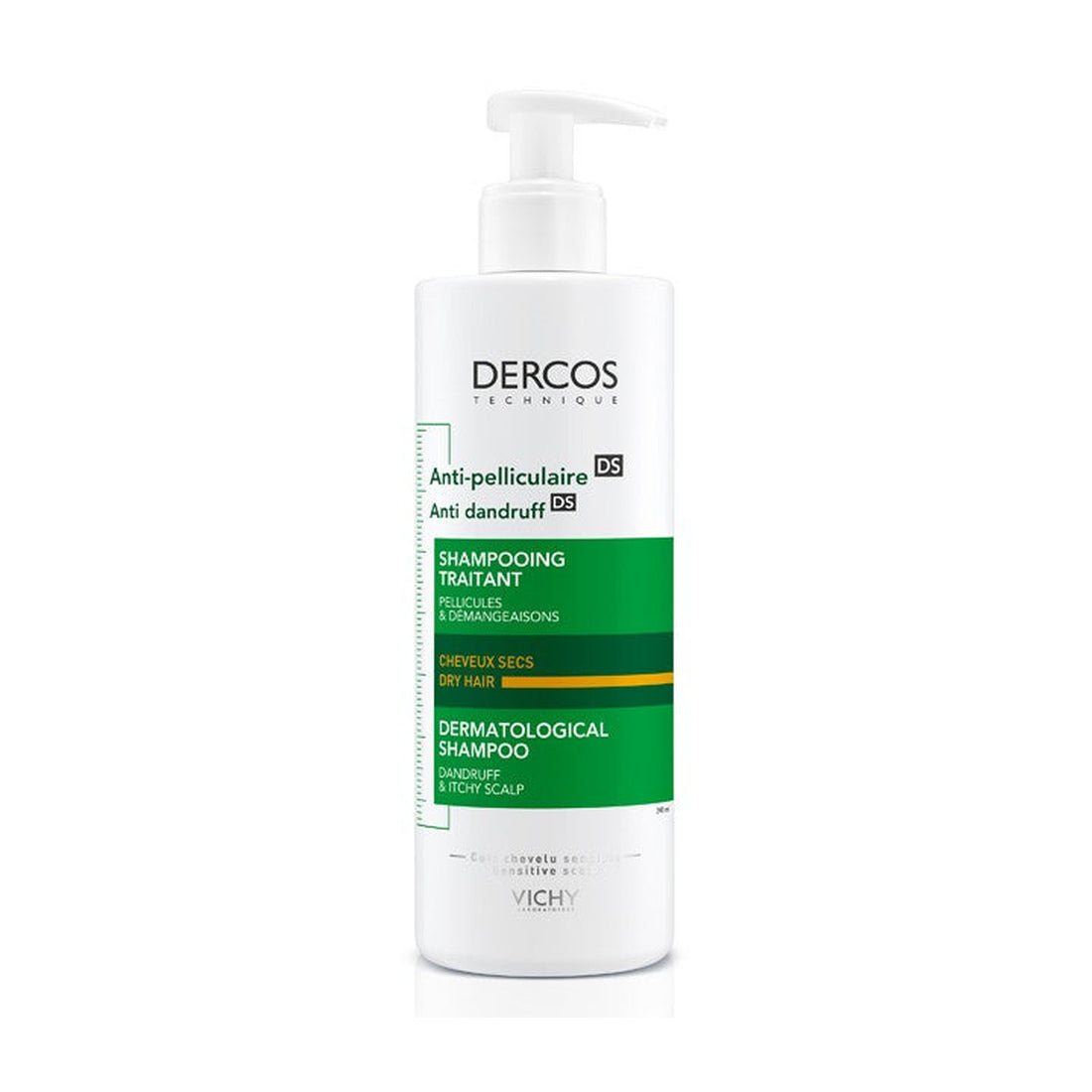 Vichy Dercos Shampoo Control Caspa Cabello Seco 390 ml — fotografía real de frente sobre fondo blanco