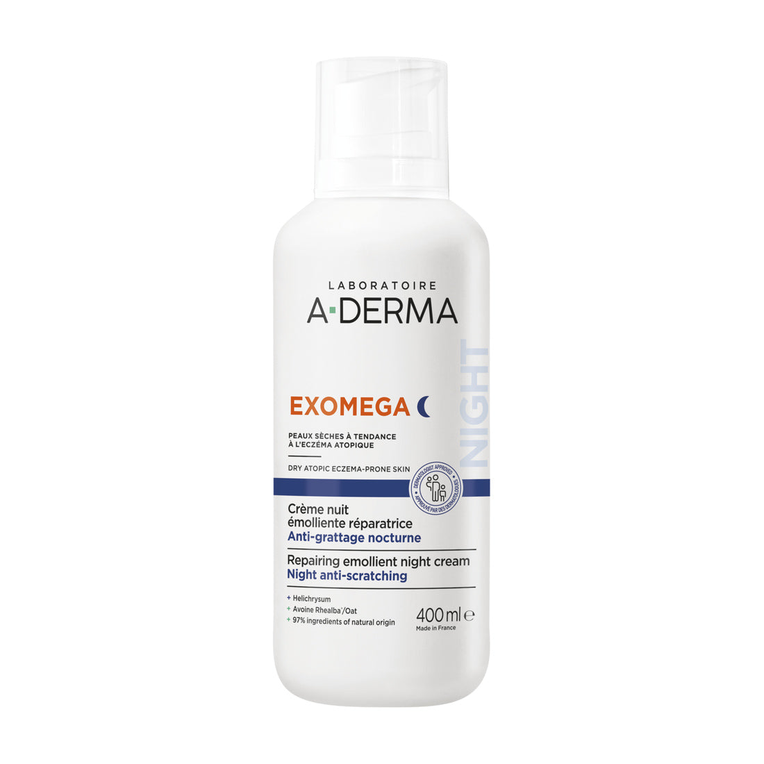 A-Derma Exomega Control Crema de Noche Emoliente 400 ml — fotografía real de frente sobre fondo blanco