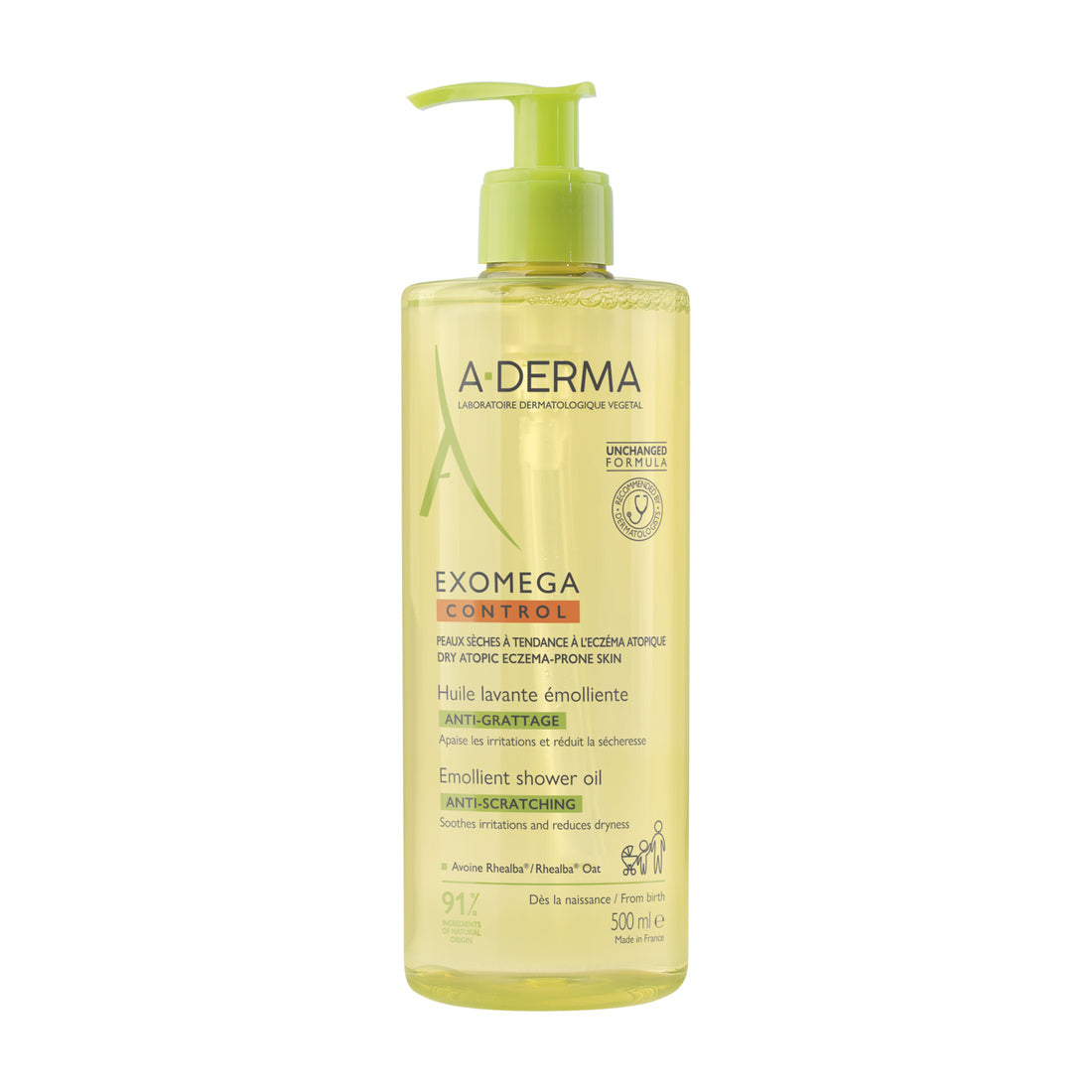 A-Derma Exomega Control Aceite Limpiador Emoliente 500 ml — fotografía real de frente sobre fondo blanco
