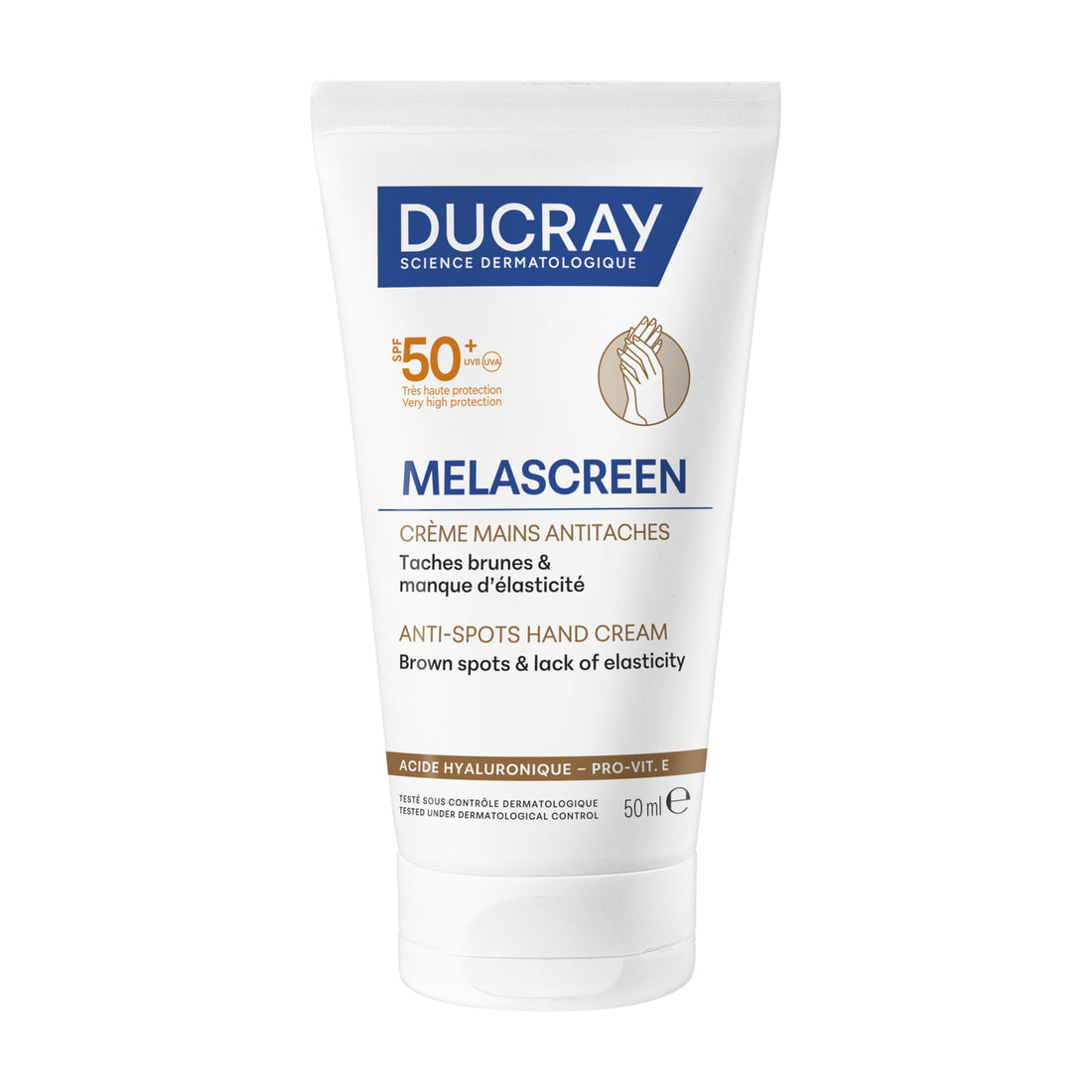 Ducray Melascreen Crema de Manos Antimanchas FPS50+ 50 ml — fotografía real de frente sobre fondo blanco