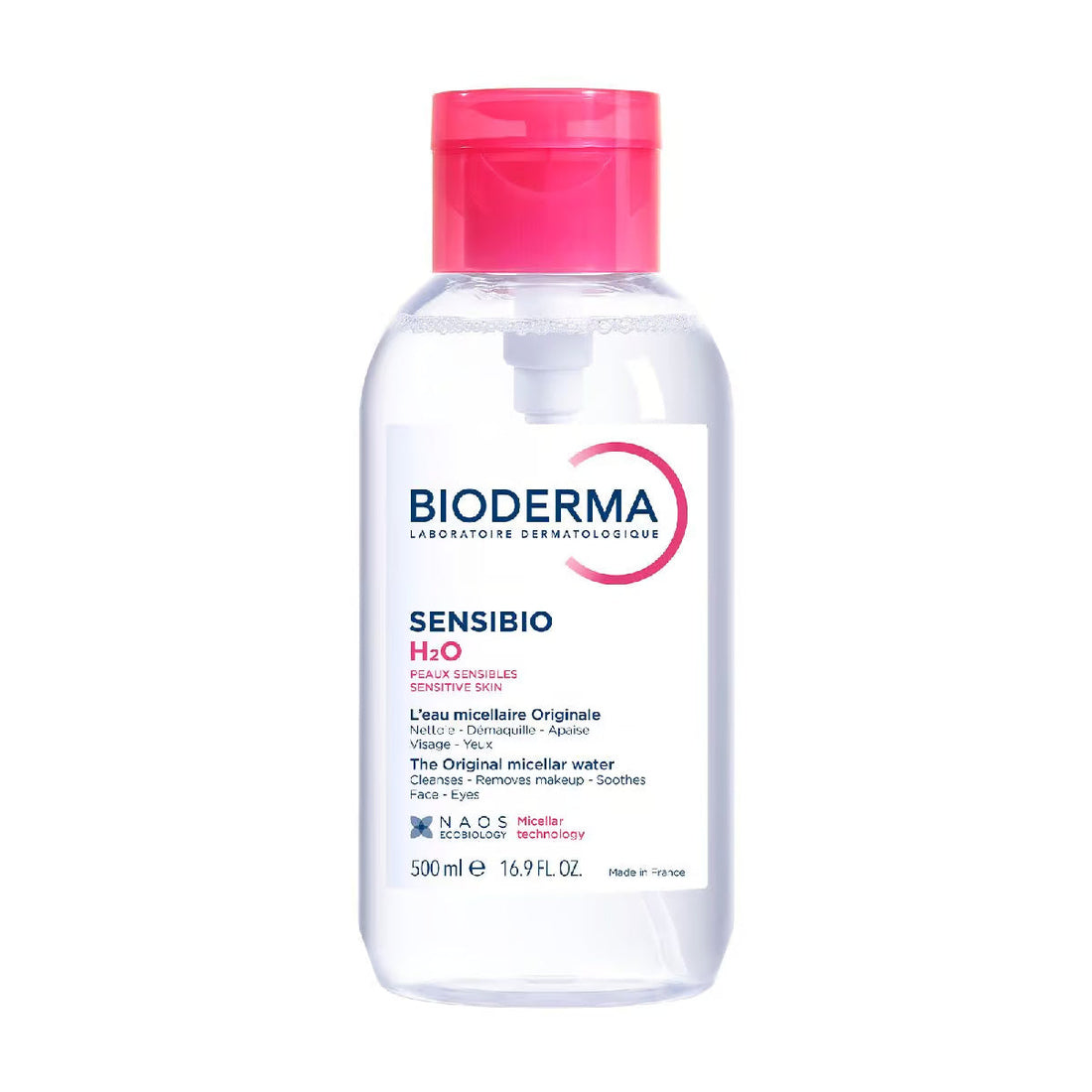 Bioderma Sensibio H2O Agua Micelar con Bomba Inversa 500 ml — fotografía real de frente sobre fondo blanco