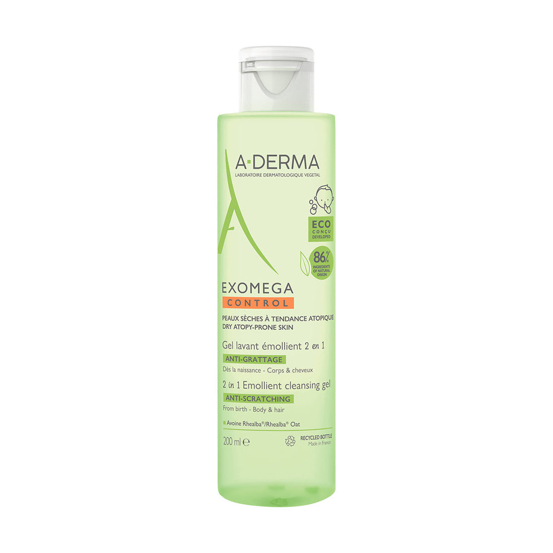 Exomega Control Gel de Bebé Emoliente 2 en 1 200 ml — fotografía real, vista frontal.
