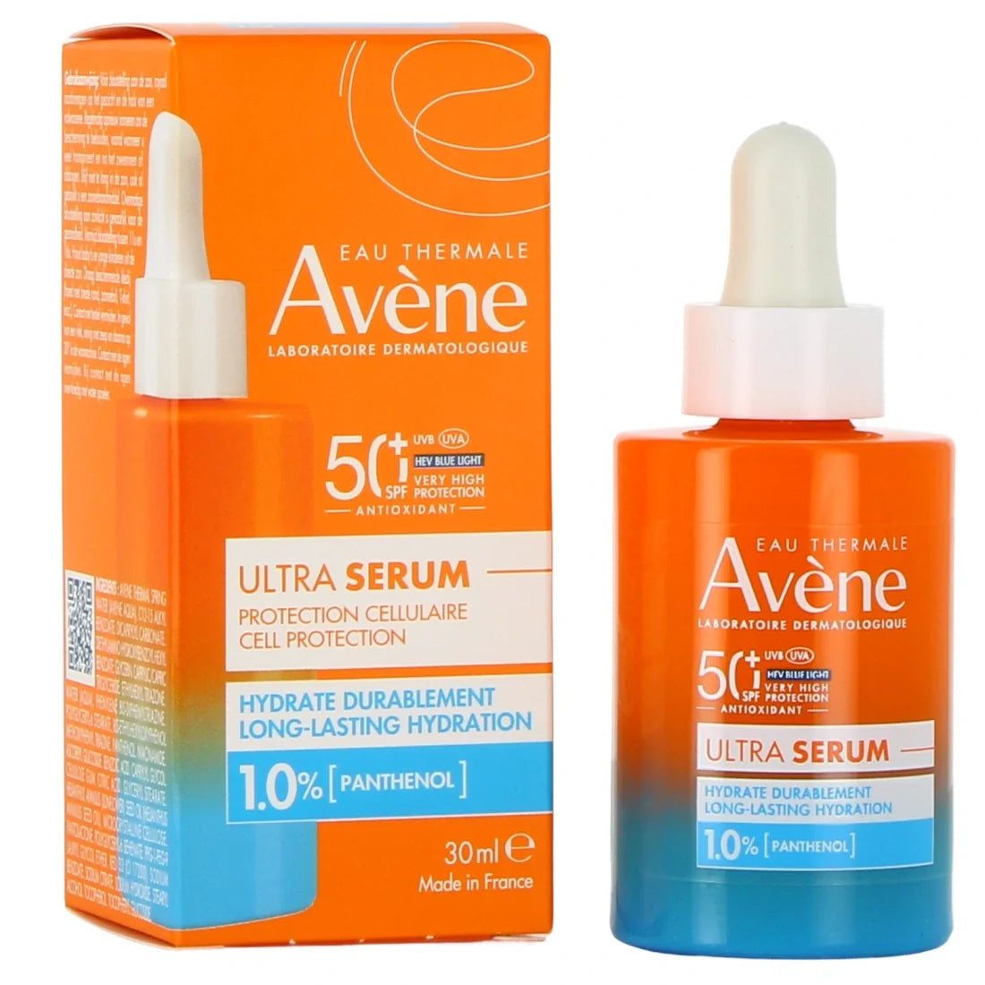 Ultra Serum SPF 50+ Pantenol 30 ml, foto real del envase de frente