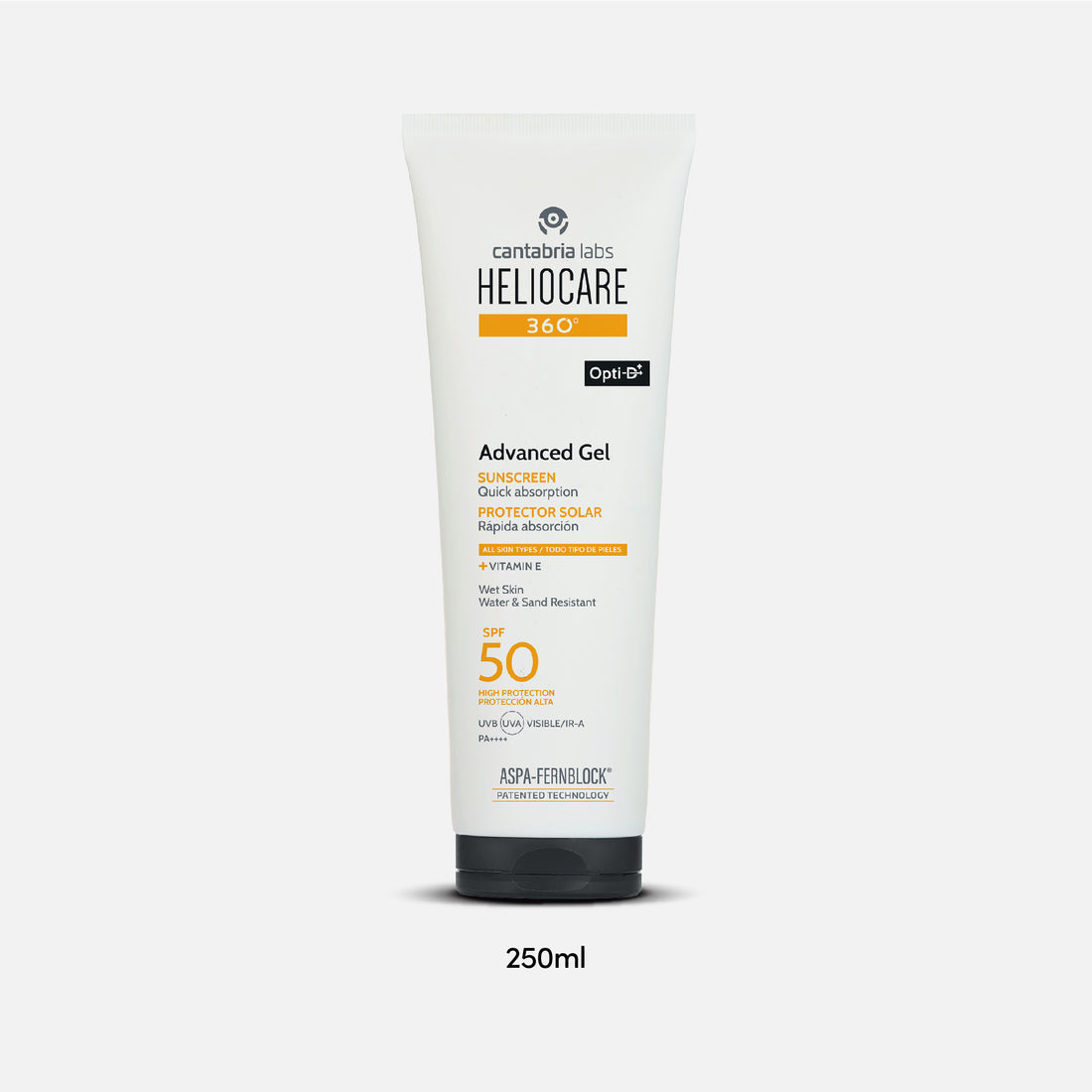 Heliocare 360° Advanced Gel SPF 50 250 ml, fotografía real del envase de frente
