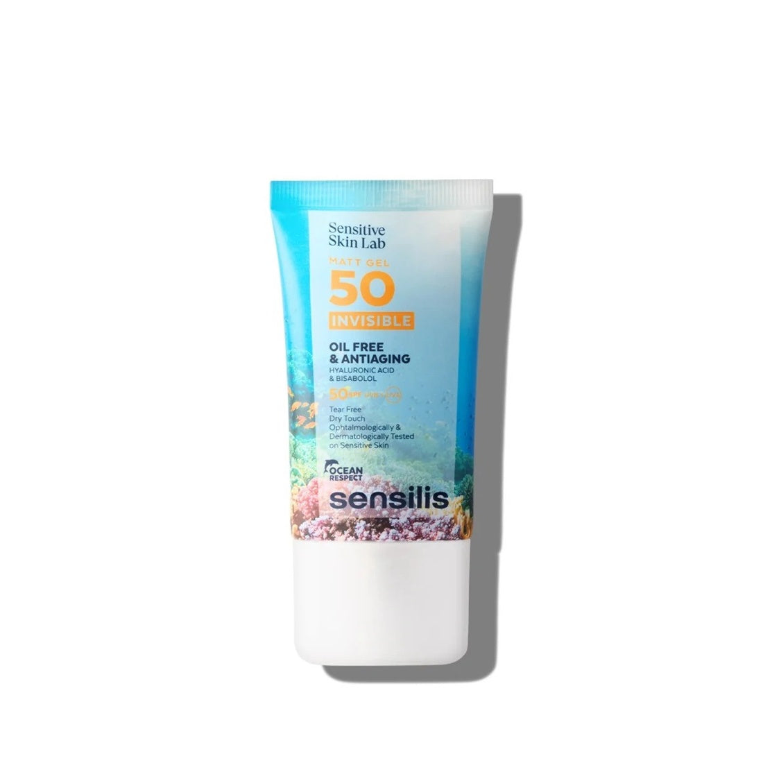 Sensilis Matt Gel SPF 50 Invisible, tubo Ocean Respect sobre fondo blanco