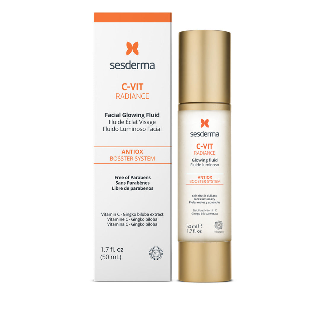 Sesderma C-Vit Radiance fluido luminoso 50 ml, envase y caja sobre fondo blanco